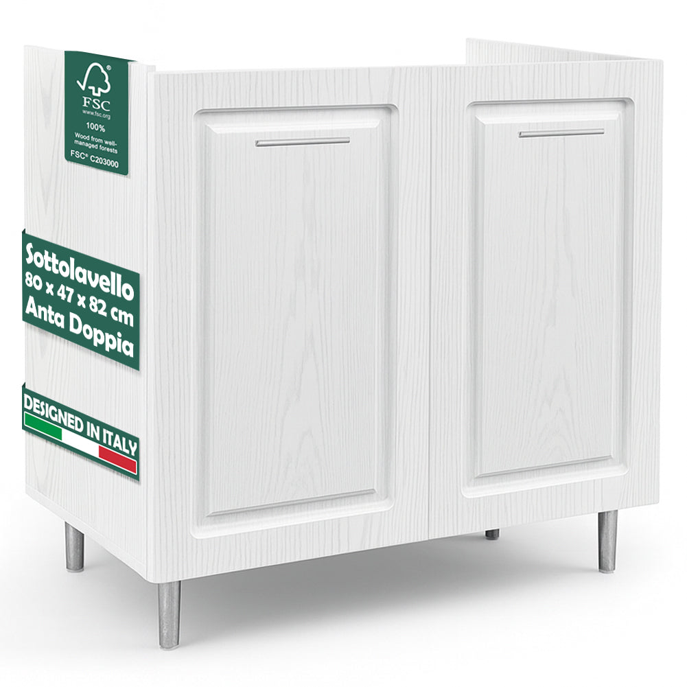 Mobile Sottolavello Cucina Componibile Legno Boiserie Bianco Frassinato 2 Ante