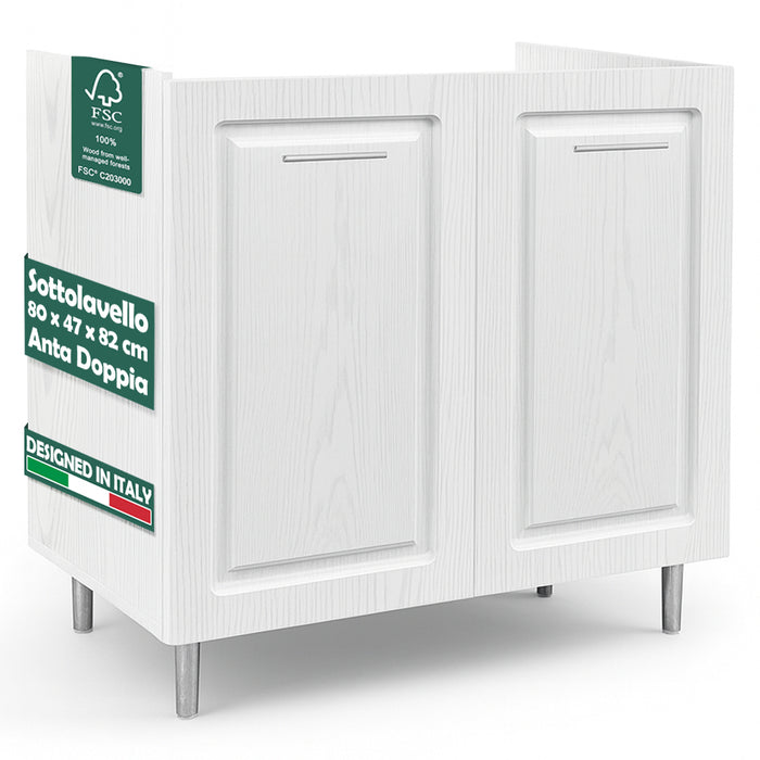 Mobile Sottolavello Cucina Componibile Legno Boiserie Bianco Frassinato 2 Ante