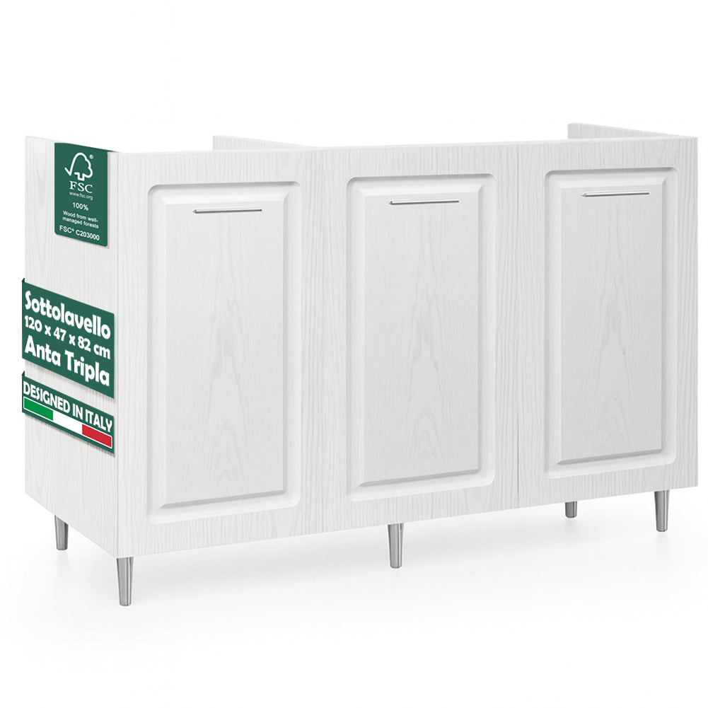 Mobile Sottolavello Cucina Componibile in Legno Boiserie Bianco Frassinato 3 Ante