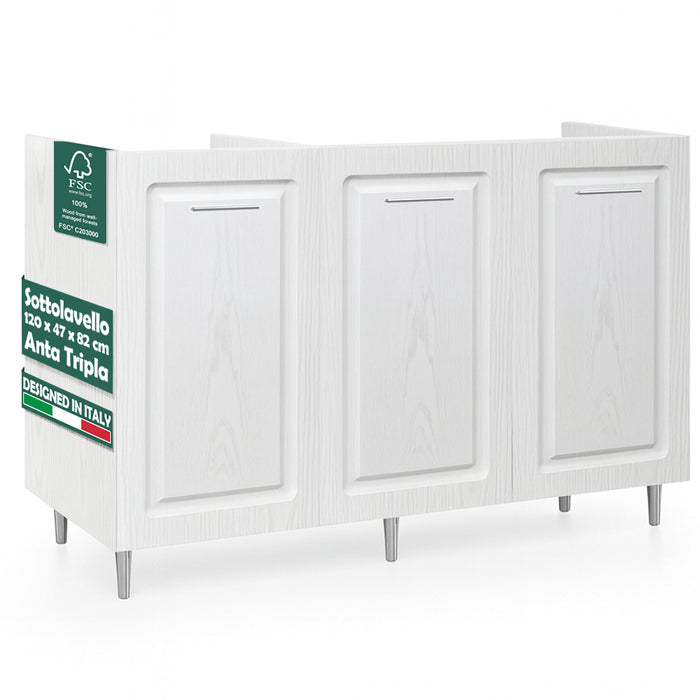 Mobile Sottolavello Cucina Componibile in Legno Boiserie Bianco Frassinato 3 Ante