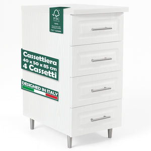 Cassettiera per Cucina Mobile Design Boiserie 4 Cassetti Legno Bianco Frassinato