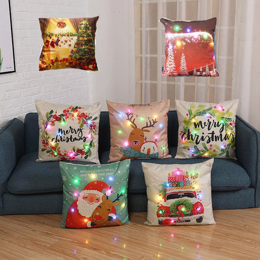 COPPIA DI COPRICUSCINI NATALIZI 2 PEZZI CON LED E MUSICA NATALIZIA 43X43CM FEDERA VARIE FANTASIE