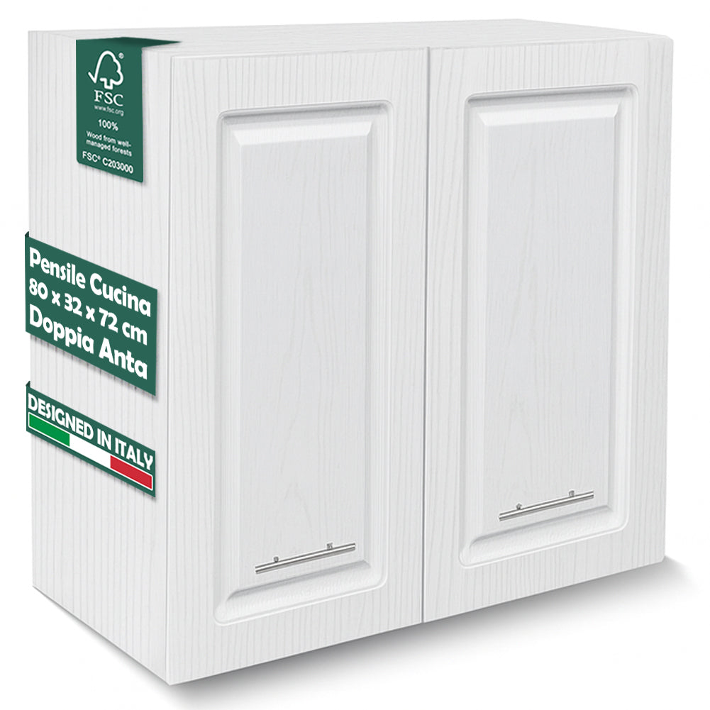 Pensile da Cucina Armadio Sospeso Parete Doppia Anta Boiserie Bianco Frassinato