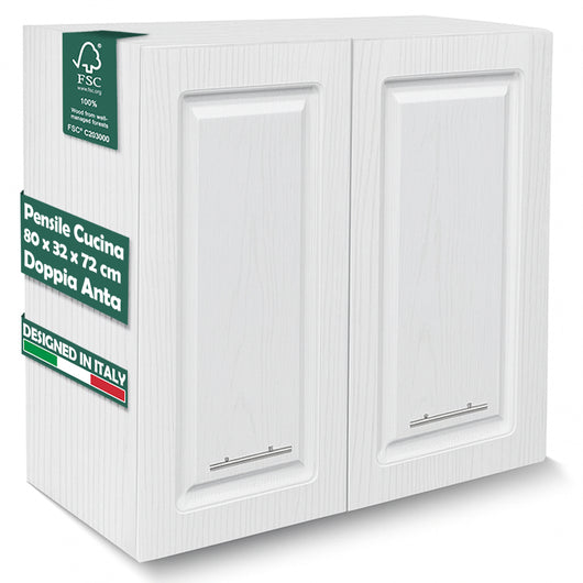 Pensile da Cucina Armadio Sospeso Parete Doppia Anta Boiserie Bianco Frassinato