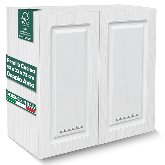 Pensile da Cucina Armadio Sospeso Parete Doppia Anta Boiserie Bianco Frassinato