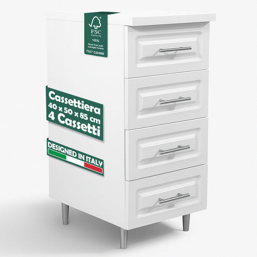 Cassettiera per Cucina Mobile Design Boiserie 4 Cassetti in Legno Colore Bianco