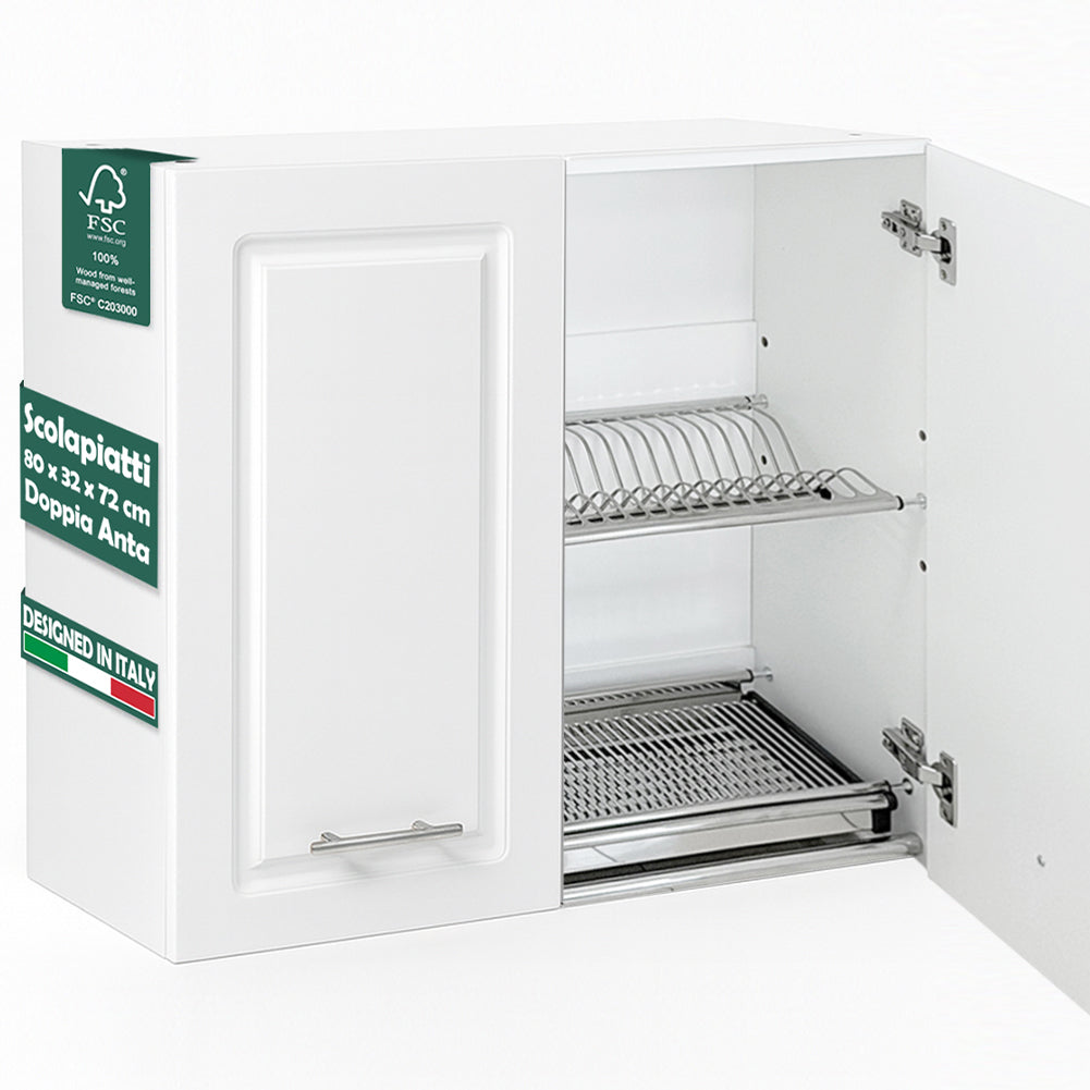 Pensile da Cucina Scolapiatti Sistema Raccogli Gocce Mobile Boiserie Bianco