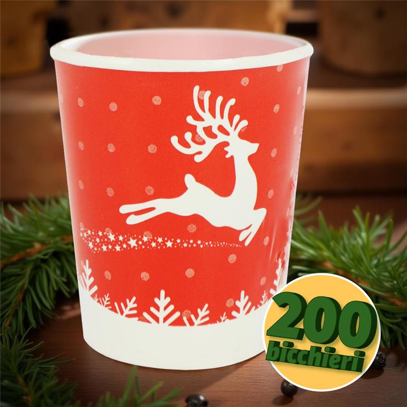 BICCHIERI DI CARTA DI NATALE ROSSO CON RENNA 200PZ 200CC