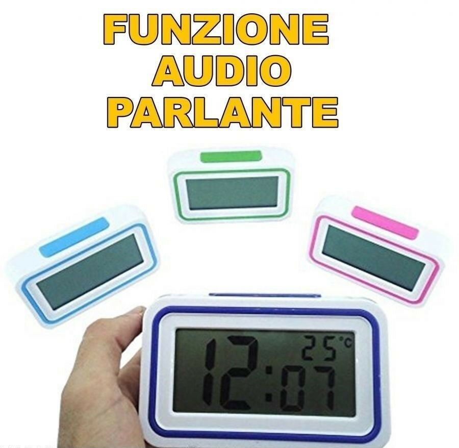 SVEGLIA OROLOGIO DIGITALE SCHERMO LCD PARLANTE TASTO AUDIO ITALIANO PER IPOVEDENTI