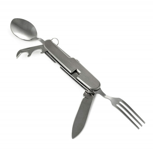 SET POSATE 4 IN 1 CUCCHIAIO FORCHETTA APRIBOTTIGLIE PIEGHEVOLE PORTATILE CAMPEGGIO