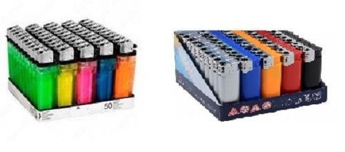 100 PEZZI ACCENDINI COLORI E FANTASIE ASSORTITI BOX DA 50 NON RICARICABILI