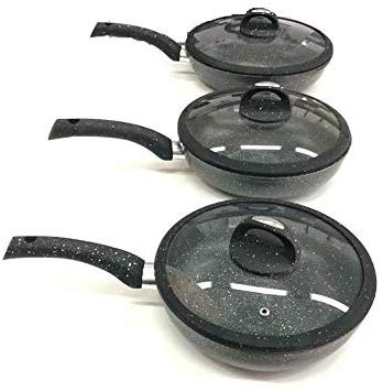 Tris PADELLE Nero in Pietra LAVICA 3 PADELLE ANTIADERENTI E 3 COPERCHI con Vetro INFRANGIBILE