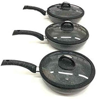Tris PADELLE Nero in Pietra LAVICA 3 PADELLE ANTIADERENTI E 3 COPERCHI con Vetro INFRANGIBILE