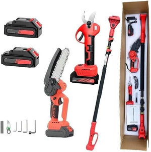 Kit Set per potatura a batterie forbice cesoie con 2 batterie e motosega 6" con asta telescopica