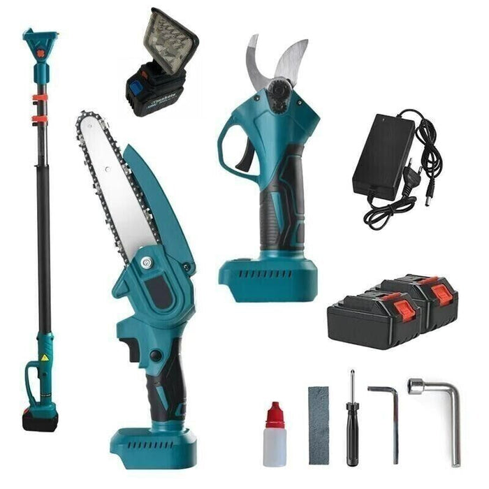Kit Set per potatura a batterie forbice cesoie con 2 batterie e motosega 6" con asta telescopica + Luce led