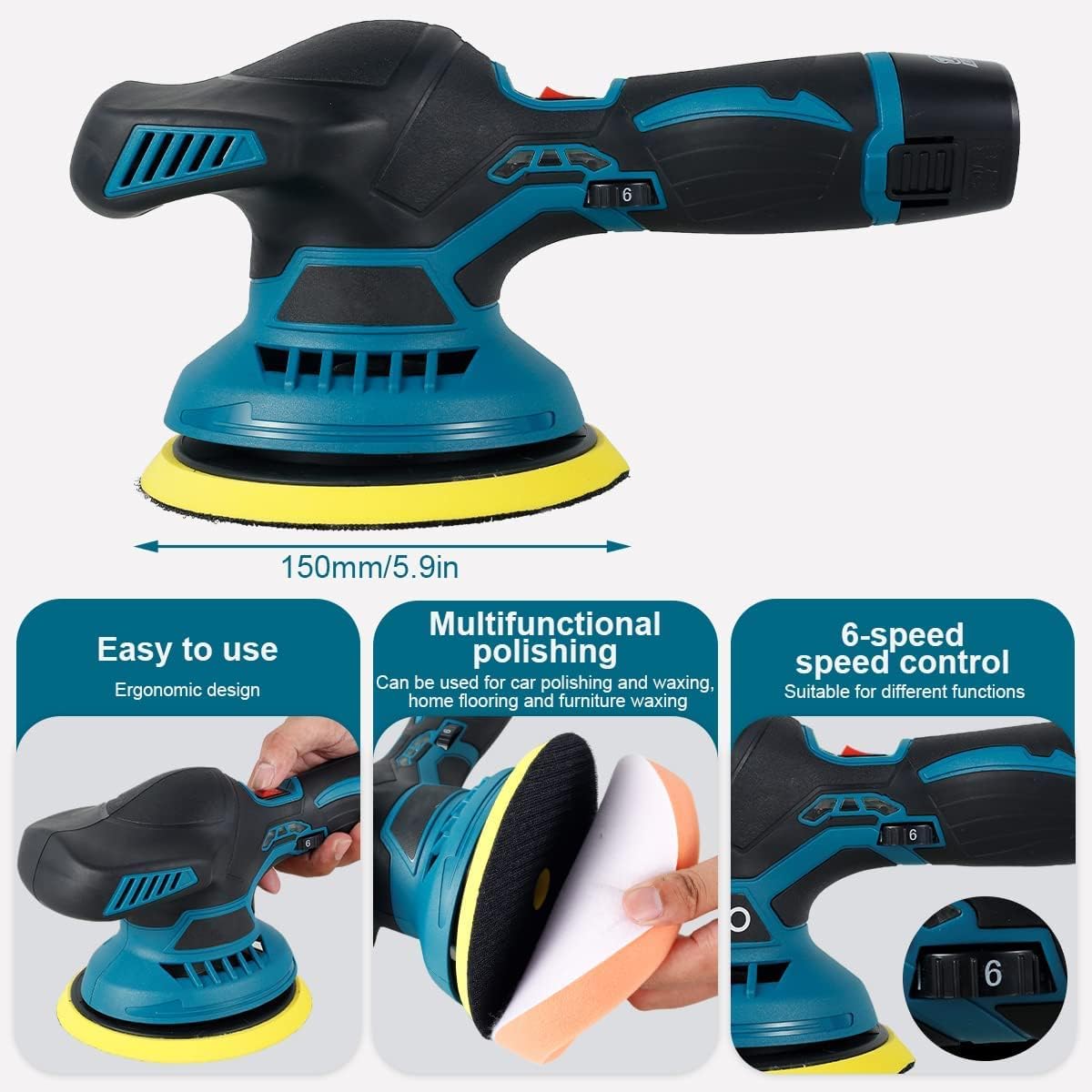 Lucidatrice per Auto a Batteria 18V da 150mm con Velocità Regolabile Fino a 6 2500-5000RPM con 2 Batterie incluse per Lucidare Auto e Mobili BIG