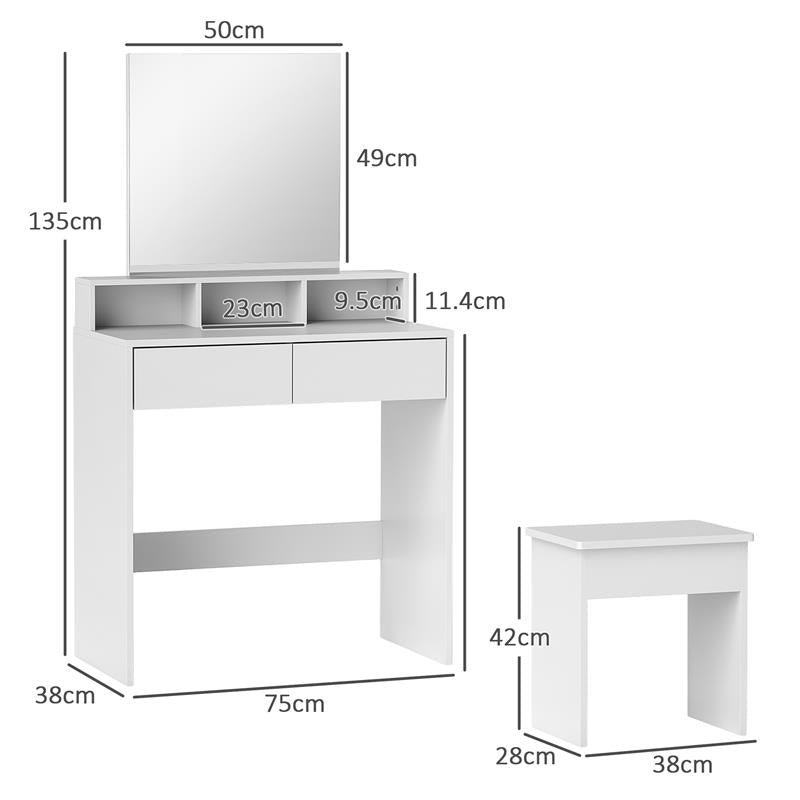 TAVOLO DA TRUCCO CON SPECCHIO 3 RIPIANI 2 CASSETTI E SGABELLO IN LEGNO 75X38X135 CM BIANCO