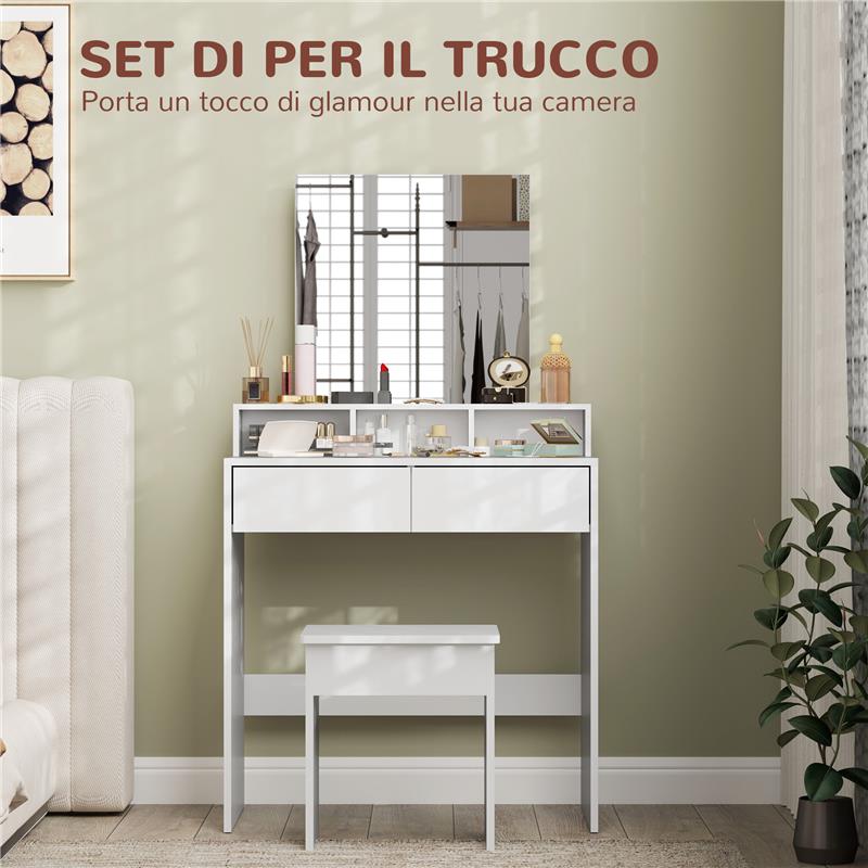 TAVOLO DA TRUCCO CON SPECCHIO 3 RIPIANI 2 CASSETTI E SGABELLO IN LEGNO 75X38X135 CM BIANCO
