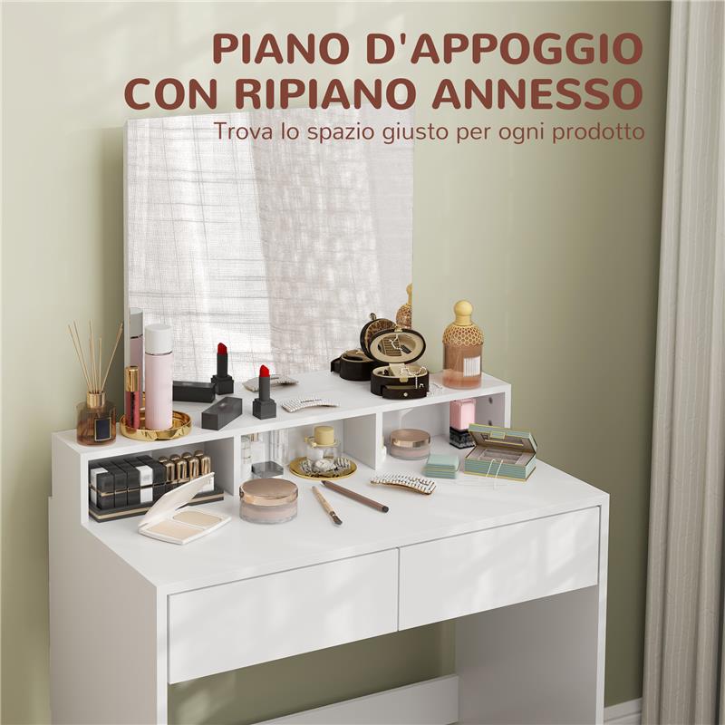 TAVOLO DA TRUCCO CON SPECCHIO 3 RIPIANI 2 CASSETTI E SGABELLO IN LEGNO 75X38X135 CM BIANCO