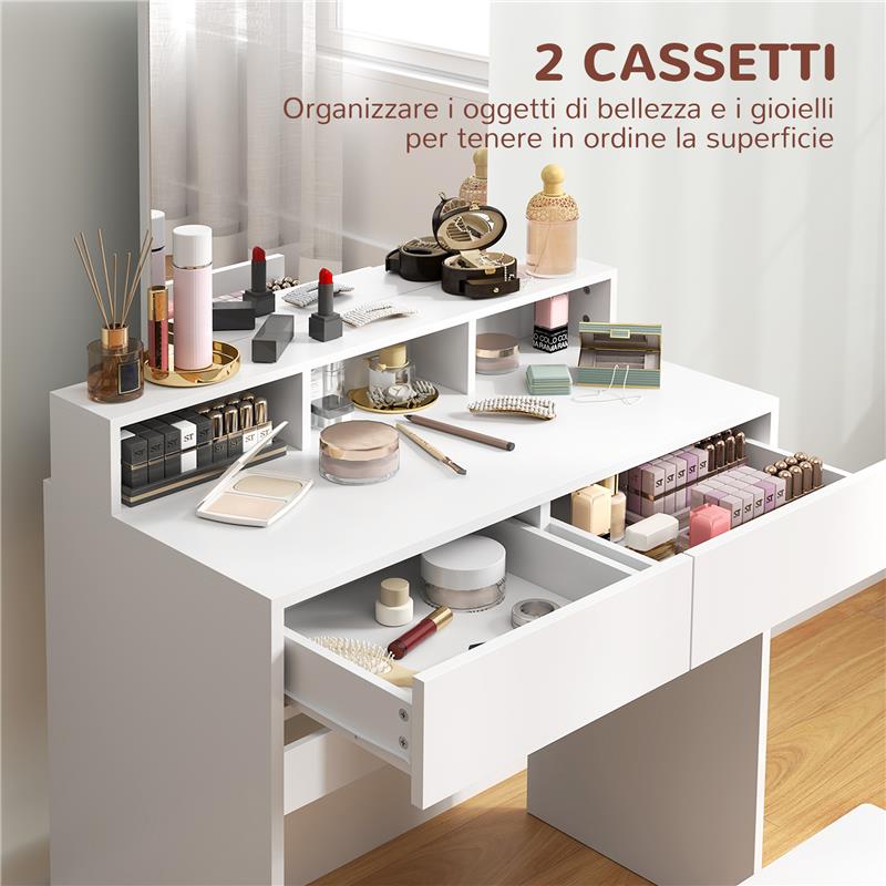 TAVOLO DA TRUCCO CON SPECCHIO 3 RIPIANI 2 CASSETTI E SGABELLO IN LEGNO 75X38X135 CM BIANCO