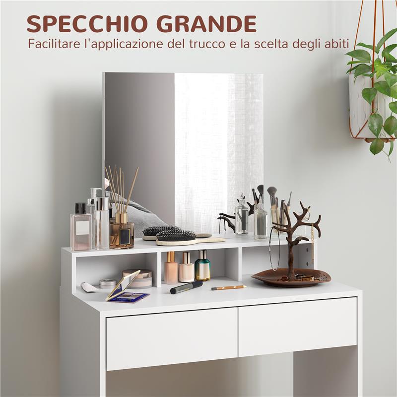 TAVOLO DA TRUCCO CON SPECCHIO 3 RIPIANI 2 CASSETTI E SGABELLO IN LEGNO 75X38X135 CM BIANCO