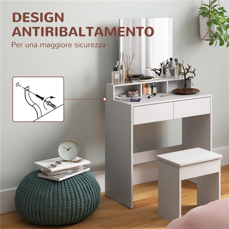 TAVOLO DA TRUCCO CON SPECCHIO 3 RIPIANI 2 CASSETTI E SGABELLO IN LEGNO 75X38X135 CM BIANCO