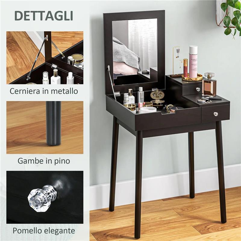 TAVOLO DA TRUCCO 2 IN 1 CON SPECCHIO RIBALTABILE E 2 CASSETTI 60X50X85.5 CM NERO