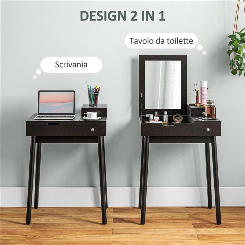 TAVOLO DA TRUCCO 2 IN 1 CON SPECCHIO RIBALTABILE E 2 CASSETTI 60X50X85.5 CM NERO
