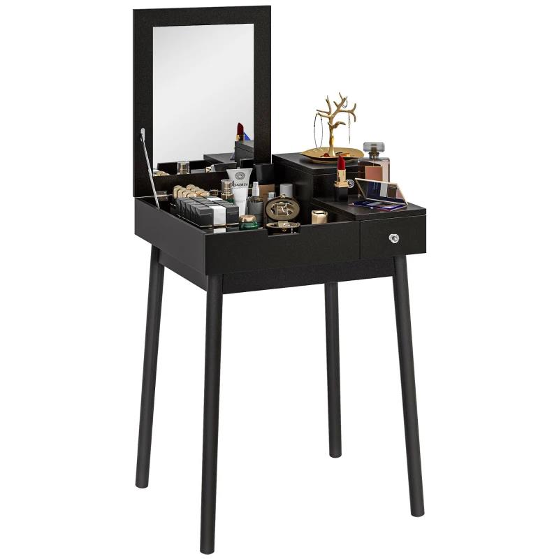 TAVOLO DA TRUCCO 2 IN 1 CON SPECCHIO RIBALTABILE E 2 CASSETTI 60X50X85.5 CM NERO