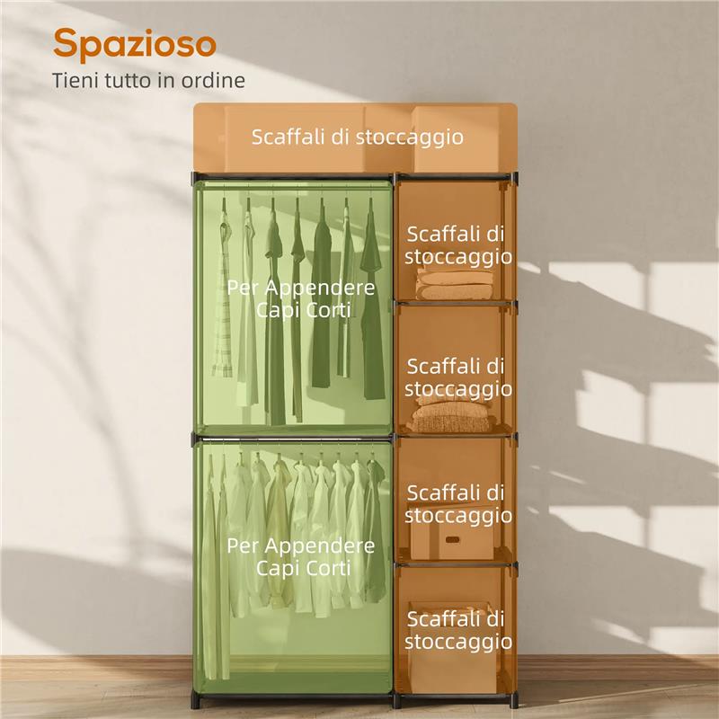 ARMADIO GUARDAROBA CON 2 ASTE E 4 RIPIANI, IN TESSUTO NON TESSUTO, PLASTICA E ACCIAIO, 142X43X185 CM, NERO