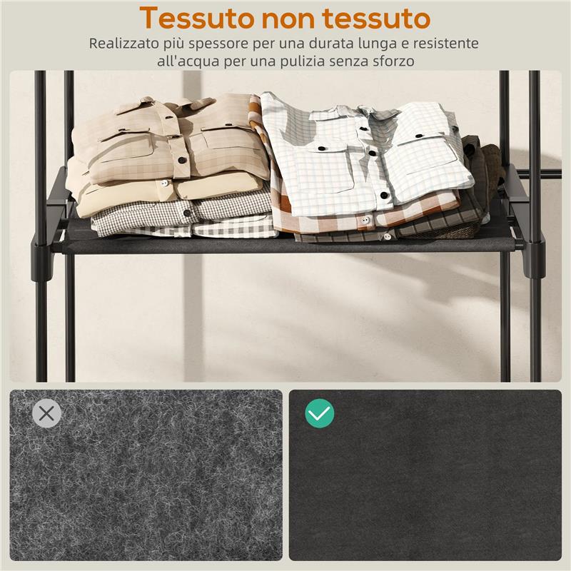 ARMADIO GUARDAROBA CON 2 ASTE E 4 RIPIANI, IN TESSUTO NON TESSUTO, PLASTICA E ACCIAIO, 142X43X185 CM, NERO