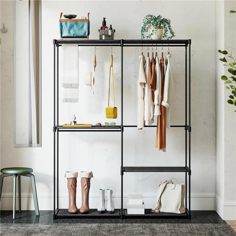 ARMADIO GUARDAROBA CON 2 ASTE E 4 RIPIANI, IN TESSUTO NON TESSUTO, PLASTICA E ACCIAIO, 142X43X185 CM, NERO