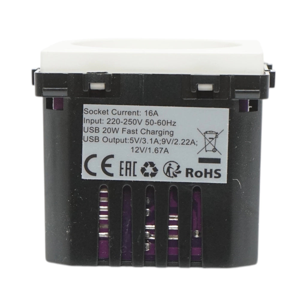 Presa Schuko da incasso bianca 220V, 16A, 2xUSB-C 20W ricarica rapida, cornice in vetro 86x86x34mm