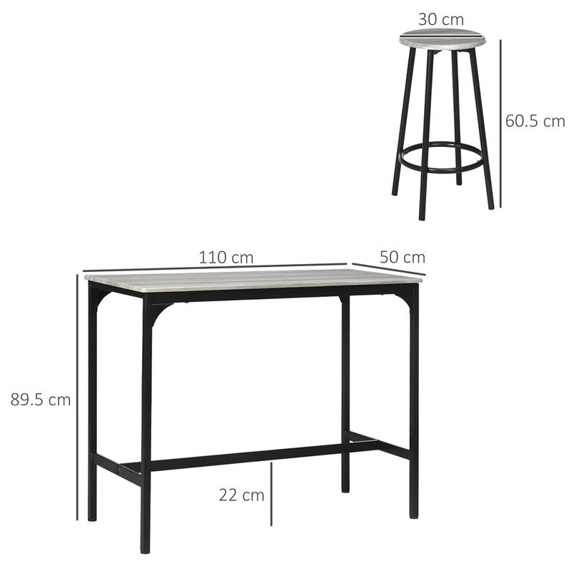 SET DA PRANZO 5 PEZZI CON BANCONE DA BAR 110X50X89.5 CM E SGABELLI Ø 30X60.5 CM IN LEGNO E METALLO GRIGIO E NERO