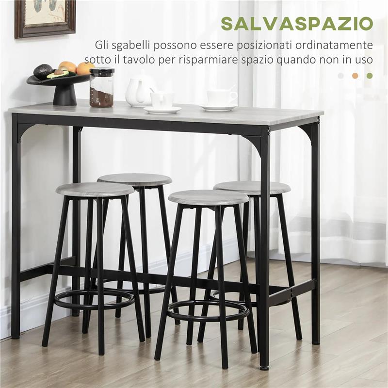 SET DA PRANZO 5 PEZZI CON BANCONE DA BAR 110X50X89.5 CM E SGABELLI Ø 30X60.5 CM IN LEGNO E METALLO GRIGIO E NERO