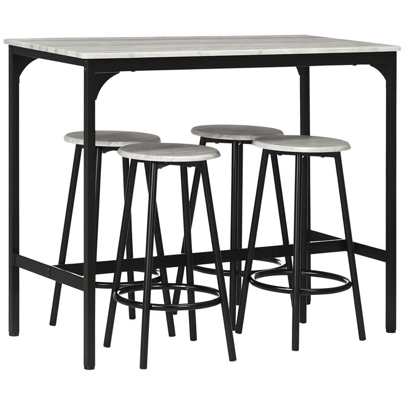 SET DA PRANZO 5 PEZZI CON BANCONE DA BAR 110X50X89.5 CM E SGABELLI Ø 30X60.5 CM IN LEGNO E METALLO GRIGIO E NERO