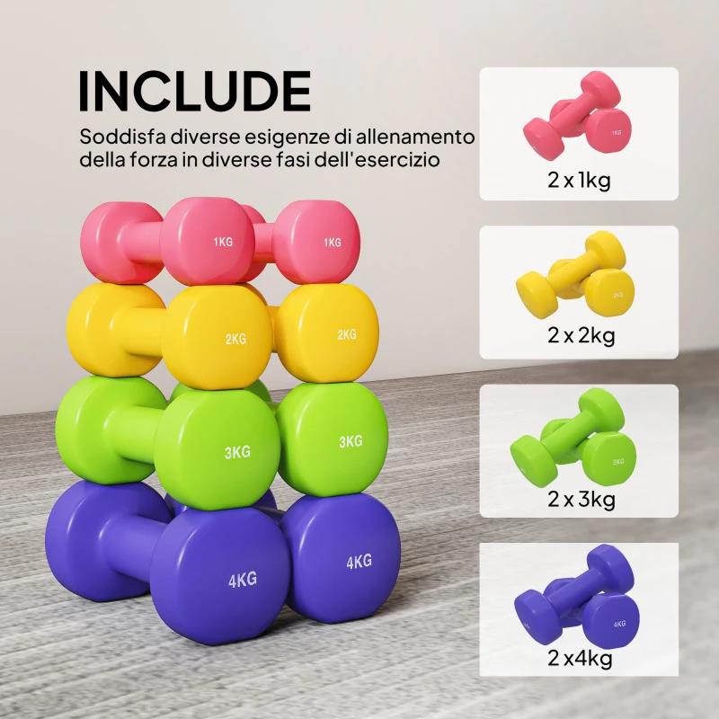 SET 4 MANUBRI ESAGONALI DA 20 KG TOTALI IN ACCIAIO E PU DA 1 A 4KG MULTICOLORE