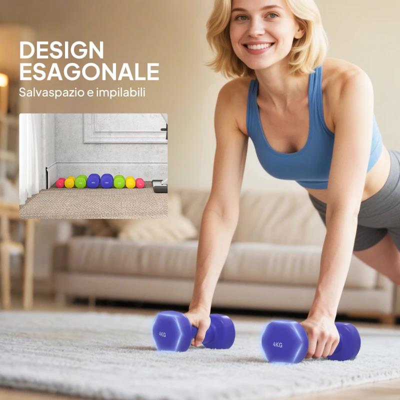 SET 4 MANUBRI ESAGONALI DA 20 KG TOTALI IN ACCIAIO E PU DA 1 A 4KG MULTICOLORE