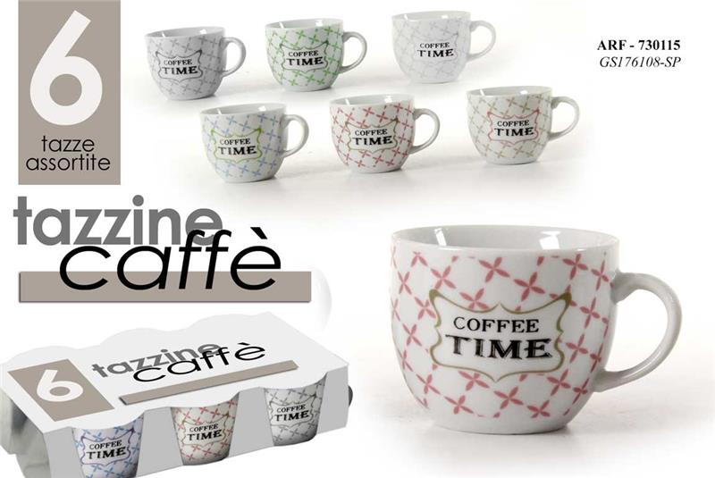SET 6 TAZZINE CAFFE "COFEE TIME" 80CC PASTELLO ASSORTITO