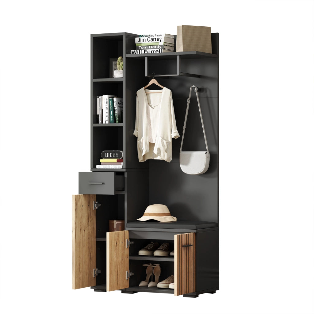 Mobile ingresso con 2 armadi; 1 cassetto; 5 vani; 2 ganci e panca; in pannello truciolare; 80 × 35 × 175 cm