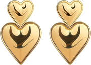 Orecchini a forma di cuore in oro giallo con due cuori pendenti per ragazze e ragazze.
