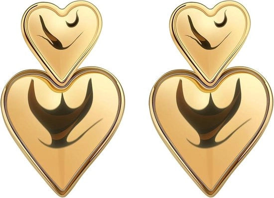 Orecchini a forma di cuore in oro giallo con due cuori pendenti per ragazze e ragazze.