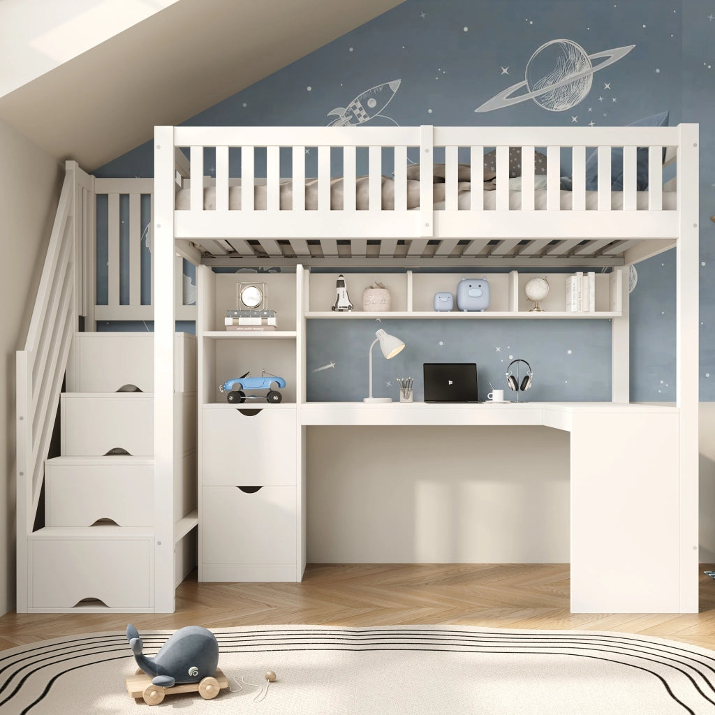 Castello in legno 90x200 bianco scala con armadio scrivania angolare cassetti