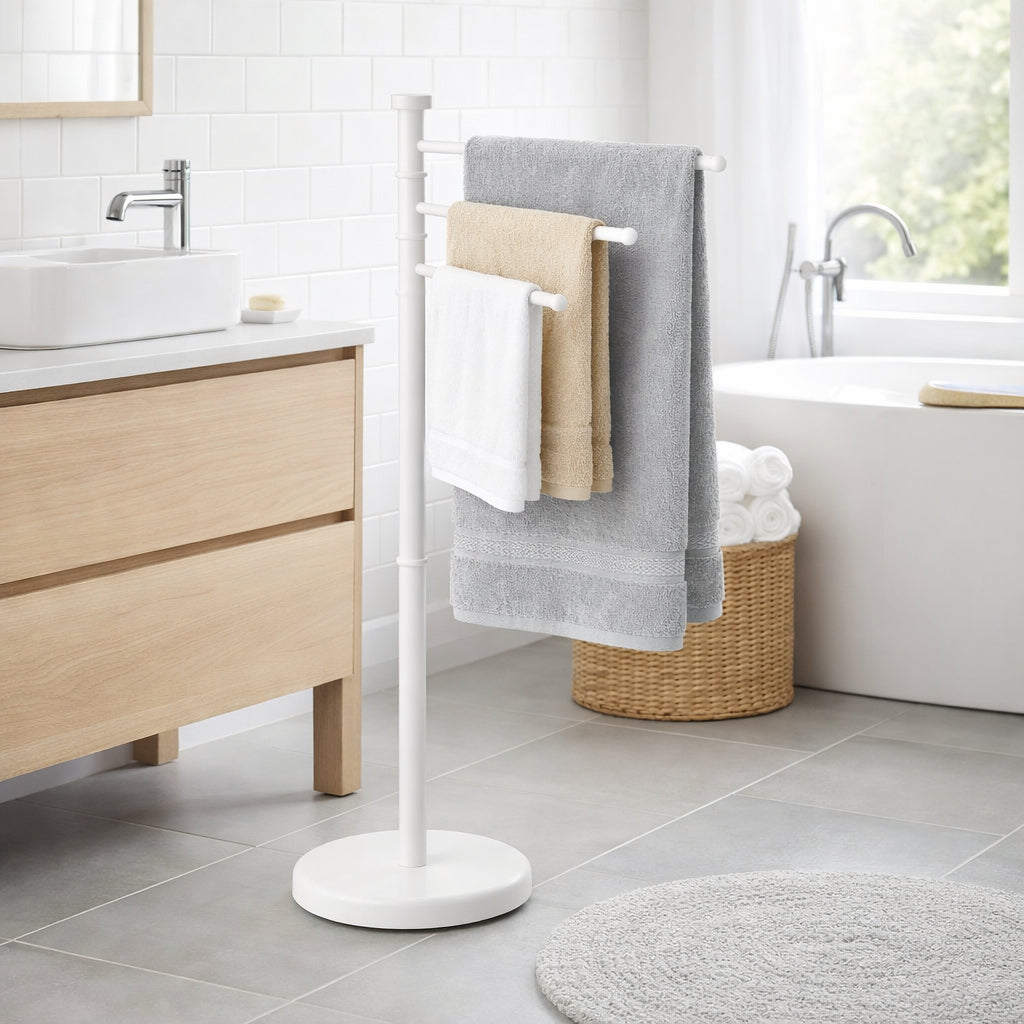 Piantana da Bagno Porta Asciugamani in Acciaio Inox Smaltato Bianco 3 Braccia Girevoli