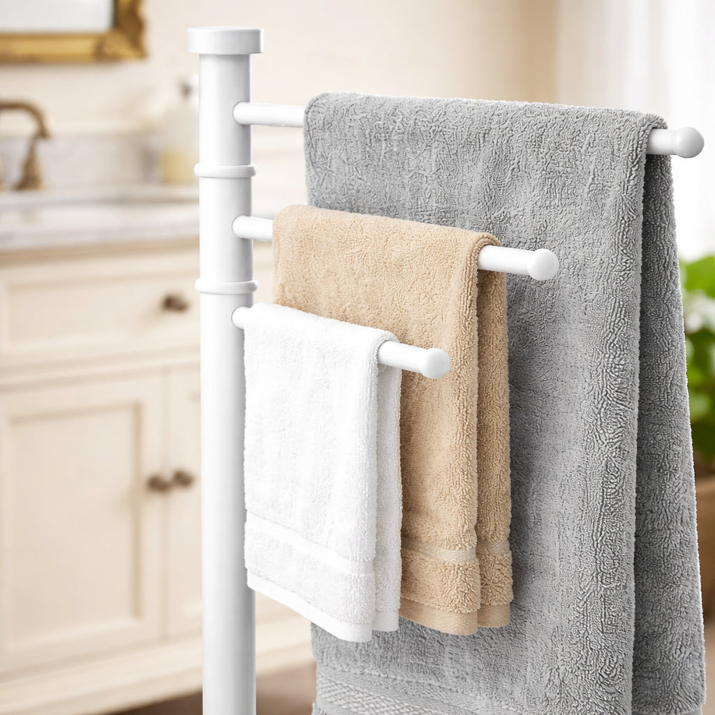 Piantana da Bagno Porta Asciugamani in Acciaio Inox Smaltato Bianco 3 Braccia Girevoli