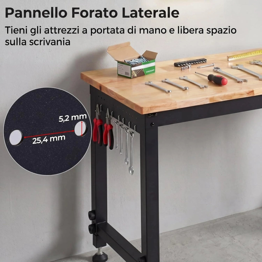 Banco da Lavoro Officina 122 x 51 cm, Tavolo da Lavoro Regolabile in Altezza con Stazione di Ricarica e Pannello Forato, Banco da Saldatura in Metallo per Garage e Magazzino, Portata 900 kg