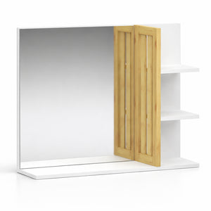 Specchio da Bagno Moderno in Legno e Bambù Bianco 45x59x15 cm con 4 ripiani
