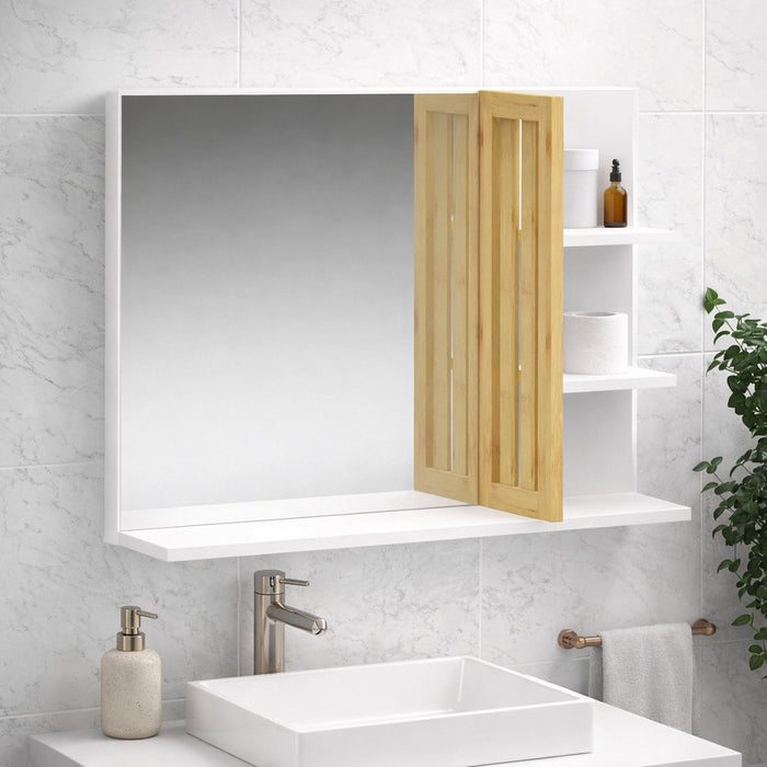 Specchio da Bagno Moderno in Legno e Bambù Bianco 45x59x15 cm con 4 ripiani