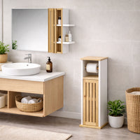 Colonna Mobiletto Bagno Moderno Bianco Legno Bambù 18x18x75 cm Porta Carta Igienica