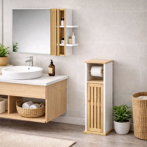 Colonna Mobiletto Bagno Moderno Bianco Legno Bambù 18x18x75 cm Porta Carta Igienica